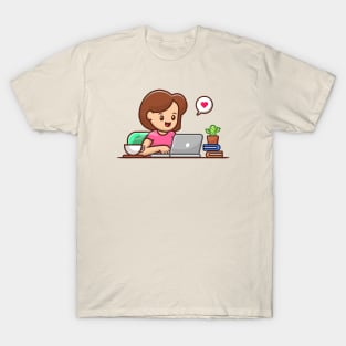 Woman Operating Laptop With Coffee T-Shirt